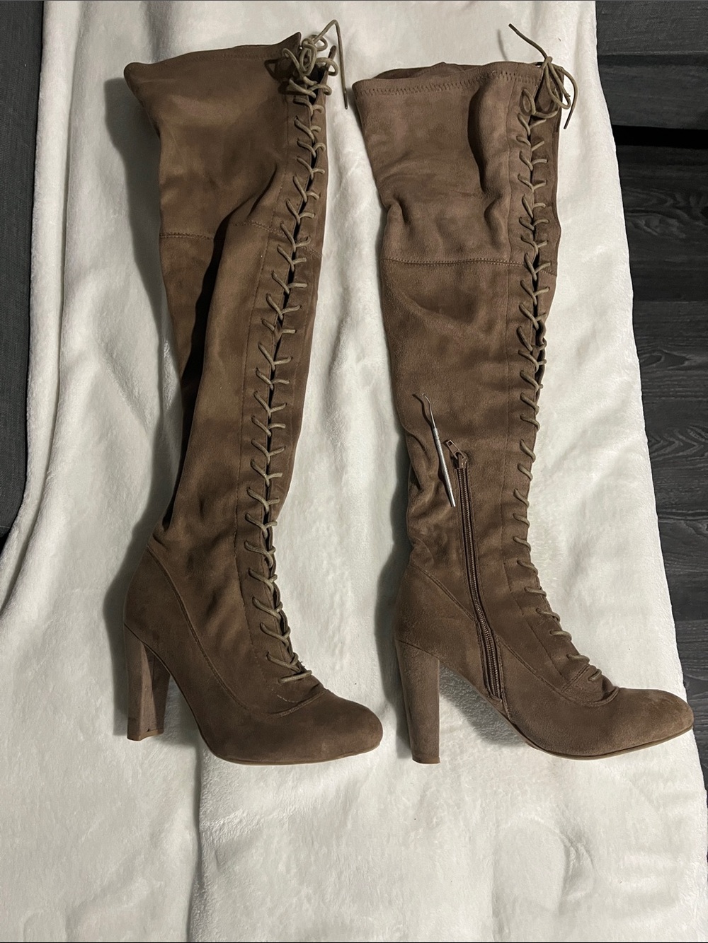 Over-the-Knee Lace-Up Suede Boots in Brown